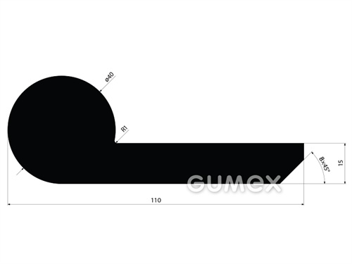 Profil gumový pre vodné diela tvaru "P", 110x40/15mm, 65°ShA, EPDM, -40°C/+100°C, čierny